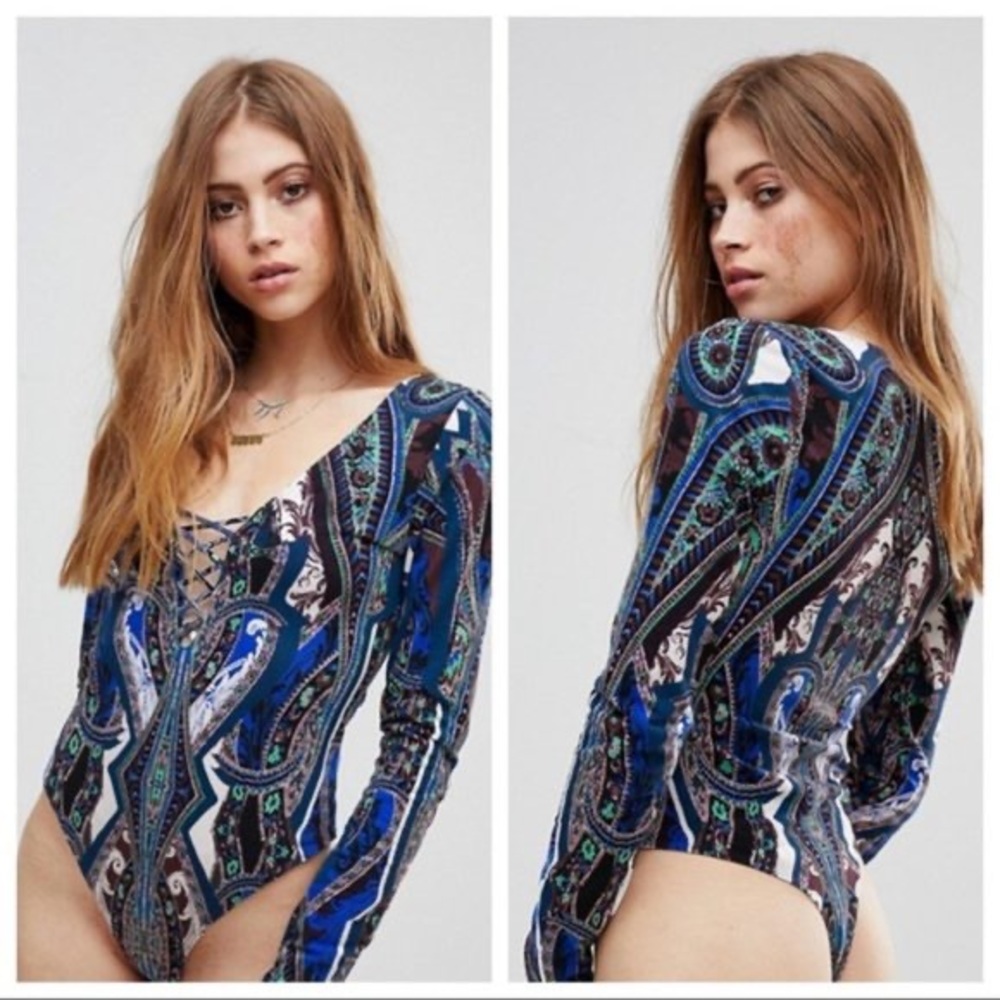 FREE PEOPLE Pick A Place Bodysuit Lace Up Front Long Sleeve Paisley Print Small